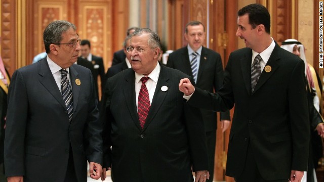 From left: Arab League Secretary-General Amr Moussa, Iraqi President Jalal Talabani and al-Assad talk at the Arab Summit in Riyadh, Saudi Arabia, on March 28, 2007. 