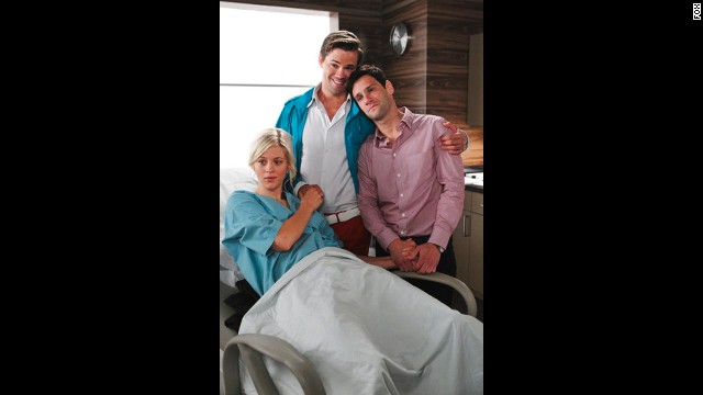 'The New Normal': Andrew Rannells and Justin Bartha as Bryan Collins and David Sawyer, a couple having a child via surrogate mother Goldie Clemmons, played by Georgia King. 