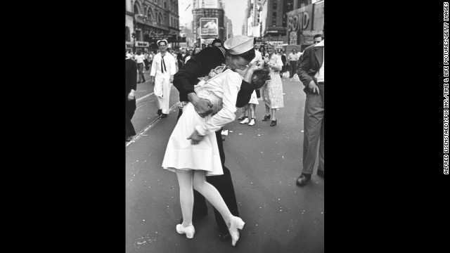 Alfred Eisenstaedt's photograph of an American sailor kissing a woman in Times Square became a symbol of the excitement and joy at the end of World War II. The Life photographer didn't get their names, and several people have claimed to be the kissers over the years.<a href='http://www.usni.org/store/books/aircraft-reference/american-fighters/kissing-sailor' target='_blank'> A book released last year</a> identifies the pair as George Mendonsa and Greta Zimmer Friedman. "Suddenly, I was grabbed by a sailor," <a href='http://lcweb2.loc.gov/diglib/vhp/story/loc.natlib.afc2001001.42863/transcript?ID=sr0001' target='_blank'>Friedman said in 2005</a>. "It wasn't that much of a kiss. It was more of a jubilant act that he didn't have to go back (to war)."