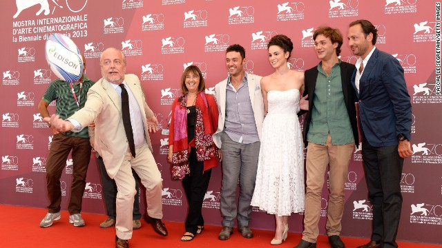 Producers Aurelio De Laurentiis, left, Elisabetta Bruscolini, director Enrico Maria Artale, actors Margherita Laterza, Lorenzo Richelmy and producer Luigi de Laurentiis attend the "Il Terzo Tempo" photo call at the Palazzo del Casino on August 31.