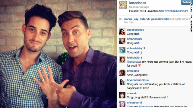 Lance Bass, right, popped the question to boyfriend Michael Turchin, and the couple announced their engagement on <a href='https://twitter.com/LanceBass/status/374244997576785920' target='_blank'>Instagram</a> in September with a shot of Turchin flashing the ring. 