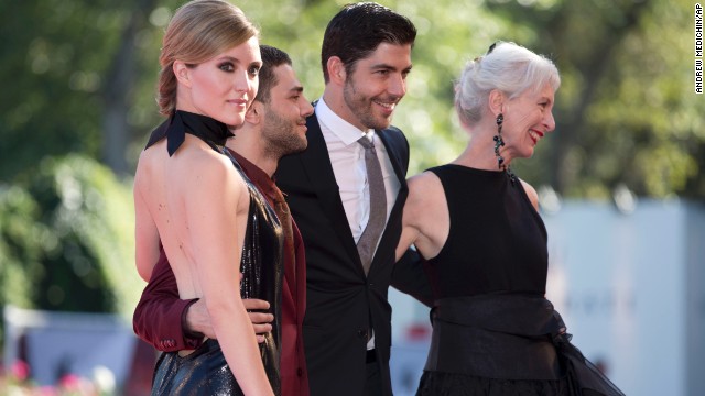 From left, actress Evelyne Brochu, director Xavier Dolan and actors Pierre Yves Cardinal and Lise Roy arrive for the screening of the movie "Tom at the Farm" at the Venice Film Festival on September 2.