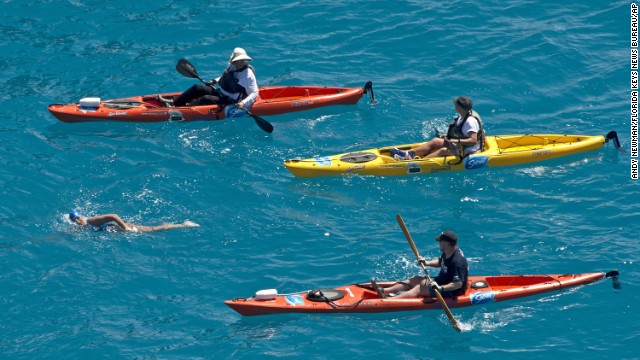 Nyad is escorted by kayakers two miles off the coast of Key West on Monday, September 2.