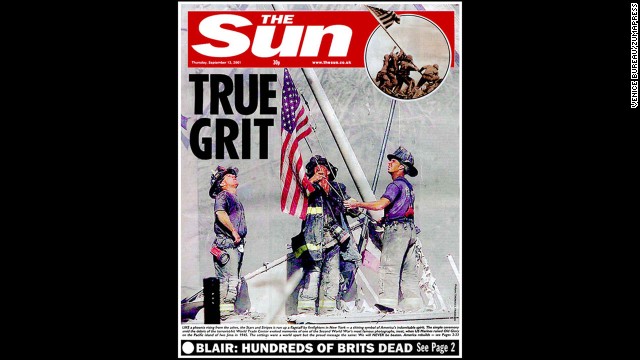 On September 13, 2001, the front page of Britain's "The Sun" draws the comparison between the image at the World Trade Center and Joe Rosenthal's 1945 photograph of U.S. troops raising a flag in Iwo Jima during World War II.