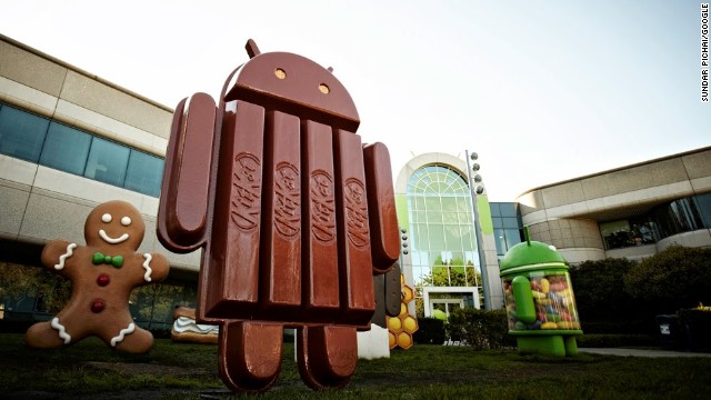 A statue at Google's headquarters in Mountain View, California, shows the Android mascot seemingly rendered in KitKat bars.