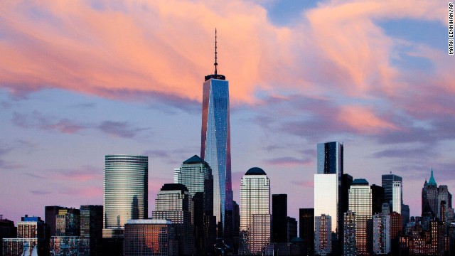 One World Trade Center rises above the lower Manhattan skyline in New York.