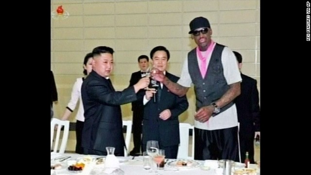 Rodman and Kim share a toast in North Korea in February.