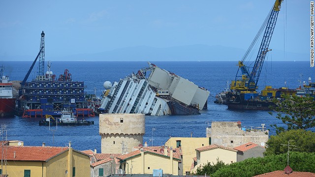 A general view of the cruise liner. <a href='http://cnn.com/2013/07/20/world/europe/italy-costa-concordia-trial/index.html'>Five people were convicted of multiple manslaughter and causing personal injury,</a> including the cruise ship's captain, Francesco Schettino. 