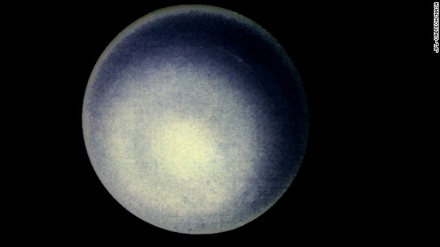 A computer enhancement of a Voyager 2 image emphasizes the high-level haze in Uranus' upper atmosphere. Clouds are obscured by the overlying atmosphere. 