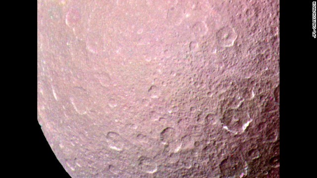 This image of Rhea, the largest airless satellite of Saturn, was acquired by the Voyager 1 spacecraft on November 11, 1980.
