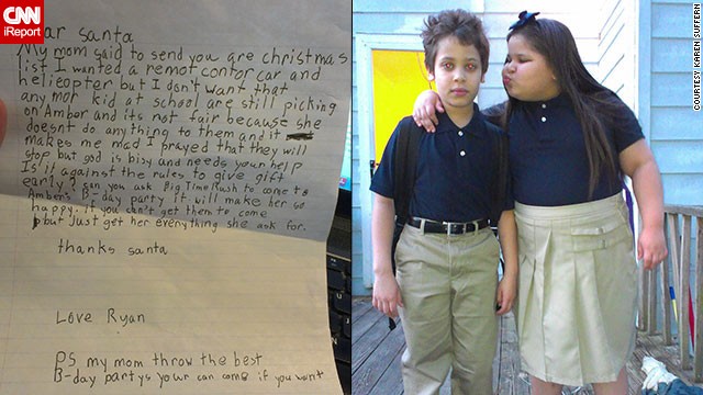 Ryan wrote to Santa, asking for help to stop the bullying his sister, Amber, is facing at school.