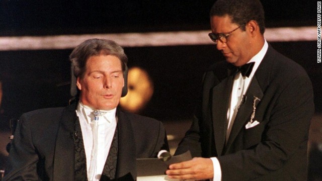 Bryant Gumbel, right, hosted the 49th annual Emmy Awards in 1997, and has overwhelmingly been panned as one of the worst. Seen here helping the late actor Christopher Reeve read the winner for outstanding supporting actor for a miniseries or special, this was about as exciting as Gumbel's hosting duties got. 