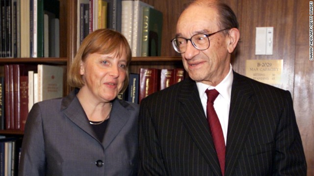 Merkel meets Alan Greenspan, the chairman of the U.S. Federal Reserve as the leader of Germany's opposition in April 2001.