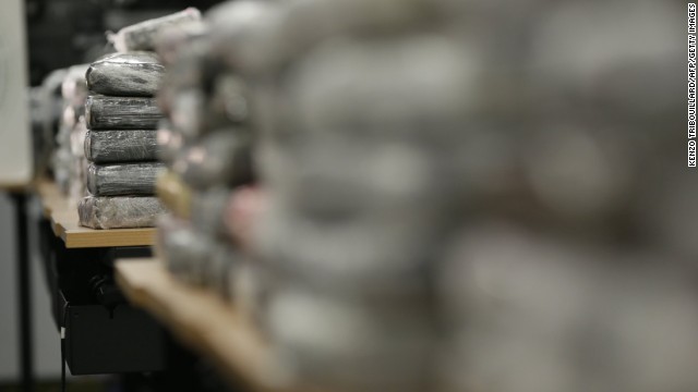 A picture taken on September 21, 2013 in Nanterre, shows a part of the 1.3 tons of pure cocaine seized by French police.
