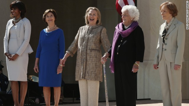 First lady Michelle Obama, from left, and former first ladies Laura Bush, Hillary Clinton, Barbara Bush and Rosalynn Carter attend the opening ceremony of the George W. Bush Presidential Center in Dallas on April 25.