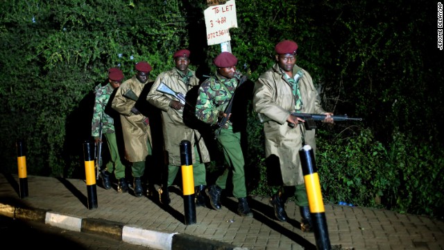 Kenyan Defense Forces walk near the mall on Monday, September 23.