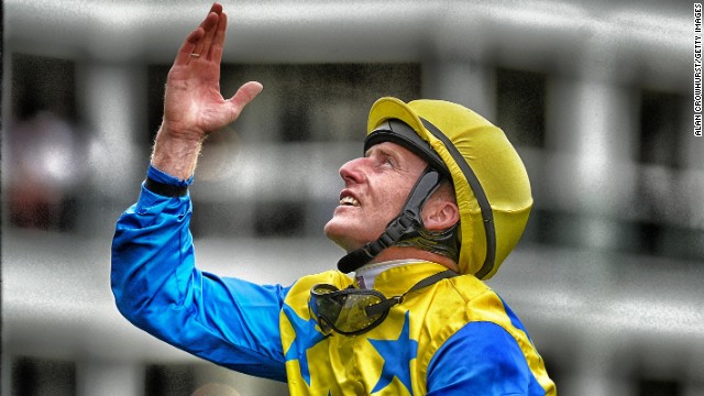 Ascot, Berkshire, UK: Irish jockey Johnny Murtagh riding Novellist celebrates winning The King George VI and Queen Elizabeth Stakes at Ascot. "For the bigger races, I usually position myself after the winning line. I like looking head on because you might get a reaction from the jockey -- a wave of the whip, a punch of the air," says Crowhurst.