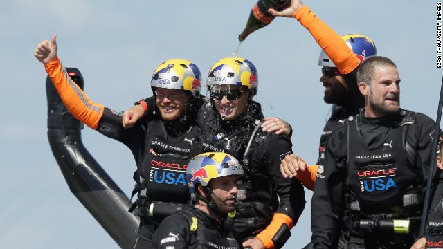 It didn't take long for the party to get started following Oracle Team USA's victory. The reigning champion, which had trailed 8-1 at one stage, won by 44 seconds in the final race to win the competition 9-8.