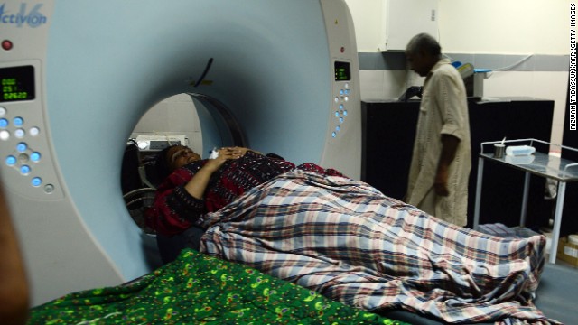 An earthquake survivor undergoes tests at a hospital in Karachi on September 25.
