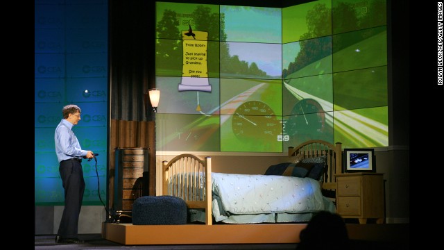 Microsoft chairman and CEO Bill Gates shows his vision of the interactive bedroom of the future, during the keynote address at the Consumer Electronics Show in 2007.