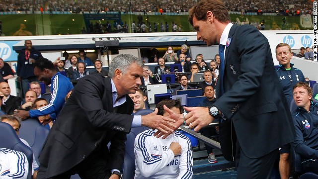 Chelsea manager Jose Mourinho (left) and Spurs boss Andre Villas Boas shake hands at White Hart Lane before kick-off. Villas-Boas was part of Mourinho's coaching set up for seven years before going it alone in 2009. The split strained relations between the two men who are no longer on speaking terms. Saturday's match was the first time the two had met as managers. 