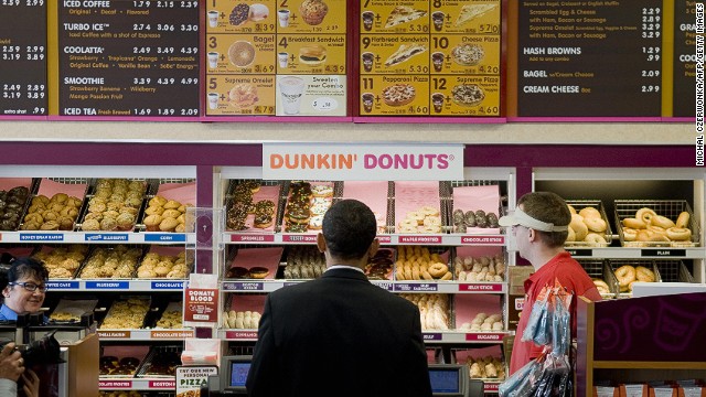 Like he doesn't have enough tough decisions to make each day -- DD, here visited by President Barack Obama in 2008, offers more than 100 flavors of donut, as well as cookies, bagels, sandwiches, baked goods, coffee, tea and chocolate. 