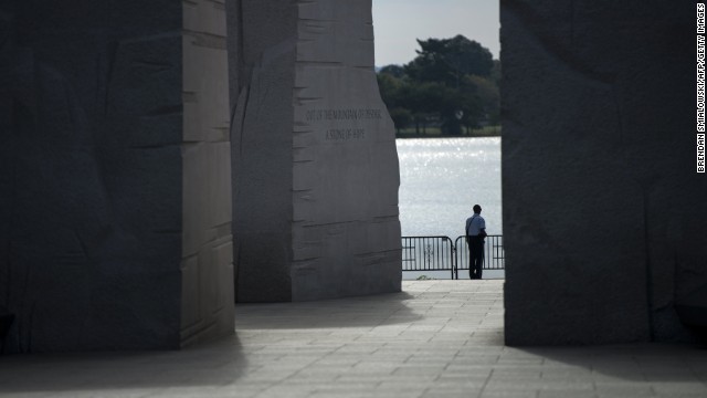 A U.S. Park Service police officer stands at the closed Martin Luther King Jr. Memorial on the National Mall in Washington on October 1.