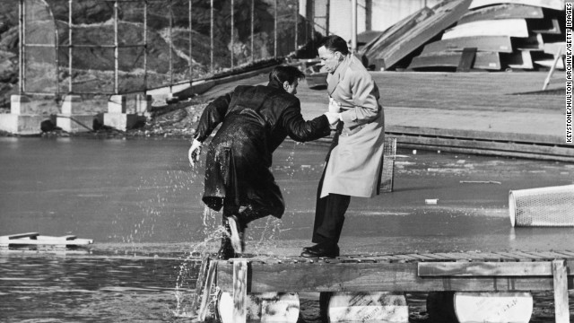 And if your tastes run toward conspiracy theories, there's always the 1962 thriller "The Manchurian Candidate." Here, star Frank Sinatra drags a soaking wet Laurence Harvey from the lake during location filming in Central Park in February 1962. 