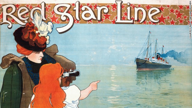 A poster advertises the Red Star Line in 1899. The company enjoyed a golden era of transatlantic ocean travel, and during its heyday two vessels left for North America each week. Over two million passengers sailed between Europe and the New World with the boat company before its closure in 1934, including one Nobel Prize winning scientist......