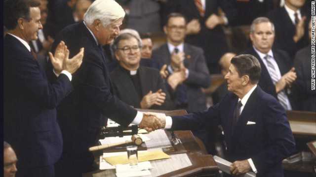 President Ronald Reagan, right, shakes hands with House Speaker Tip O'Neill during the State of the Union address in 1986. The two men had battled bitterly over Social Security reform until amendments were made to the Social Security Act in 1983. 