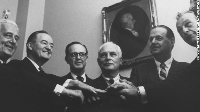 In 1964, a civil rights bill proposed by congressional Democrats was opposed by Republican senators and led to one of the longest filibusters in Senate history. Eventually, Majority Leader Hubert Humphrey, second from left, reached out to his Republican counterpart Sen. Everett Dirksen, second from right, to put an end to the debate. The bill passed nine days later. 