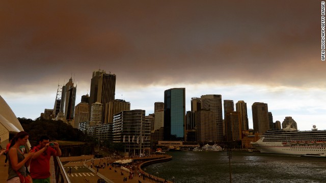 Smoke and ash from wildfires blanket the Sydney skyline on Thursday, October 17.