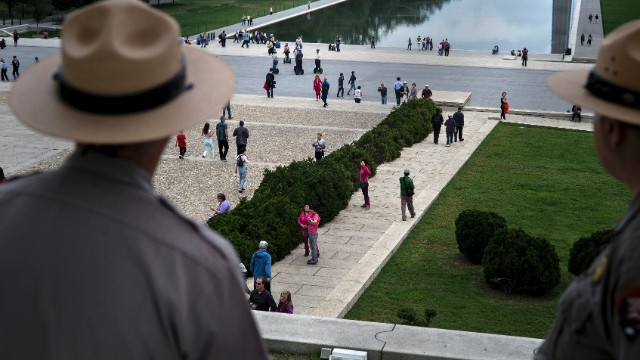 Park rangers are on duty at the Lincoln Memorial on October 17.