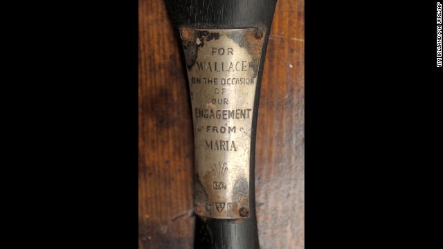 An engraving from Wallace Hartley's fiance, Maria Robinson, is attached to the Titanic band leader's violin.