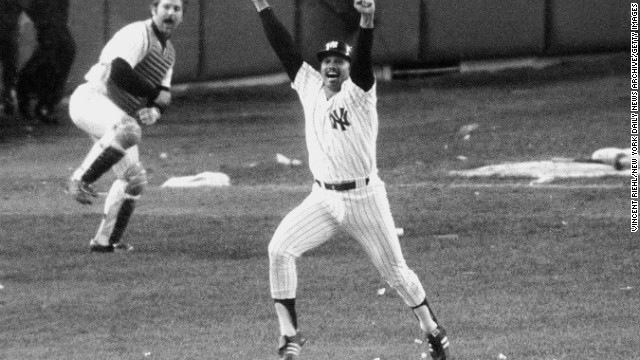 The New York Yankees' Chris Chambliss jumps for joy in game five of the 1976 American League Championship Series. He recently sold the bat he swung and the ball he hit to defeat the Kansas City Royals for $121,874. 