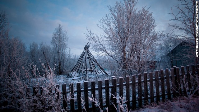 Larsen spent four years living with the indigenous Sami people of Scandinavia, as part of the photography project. Tepee-style structures are common in Sami villages, where they are often used to smoke reindeer meat.