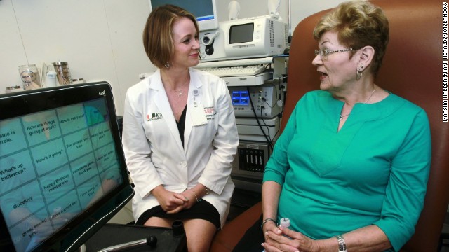 iPads have become helpful tools for people with autism and other disorders. Here speech pathologist Jocelyn Odom in Miami, Florida, helps Carole Shearn, who is 70 and losing the ability to speak due to ALS, on a technology that allows her to record an unlimited number of phrases to use as her voice diminishes. Shearn records the phrases through the MicPro app on her iPad and later will use eye-gaze commands to "speak" them aloud.