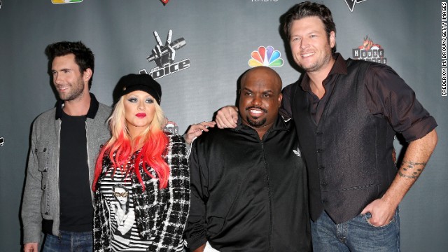 Judges of "The Voice" -- Adam Levine (from left), Christina Aguilera, Green and Blake Shelton -- attend the Season 3 red carpet event on November 8, 2012, in West Hollywood, California.