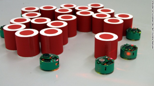 The University of Sheffield's "nanobots" are designed to be as basic as possible. Yet they have already mastered simple fetching and carrying tasks, such as grouping these objects together, without central control. The <a href='http://naturalrobotics.group.shef.ac.uk/' target='_blank'>Natural Robotics Lab</a>'s Dr Roderich Gross sees them as <a href='http://www.sheffield.ac.uk/news/nr/sheffield-centre-robotics-gross-natural-robotics-lab-1.265434' target='_blank'>the servants of the future</a>, taking care of search and rescue missions in areas where it is too dangerous for humans to go.