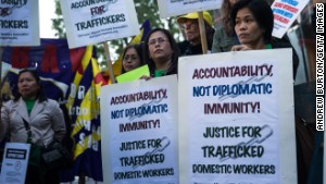 People protest labor trafficking and modern-day slavery outside the United Nations on September 23 in New York. \n