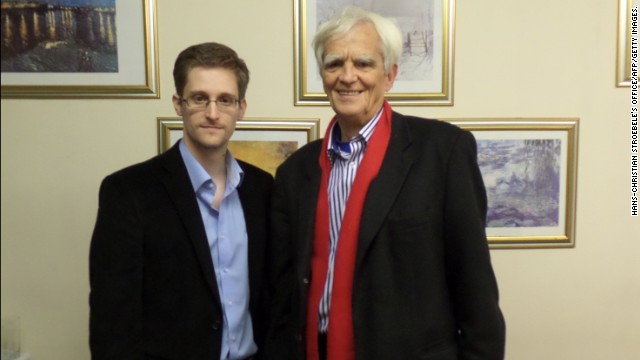 National Security Agency leaker Edward Snowden poses with German Green party parliamentarian Hans-Christian Stroebele at an undisclosed location in Moscow on Thursday, October 31. Stroebele's office said it would give details of the meeting on Friday at a news conference in Berlin.