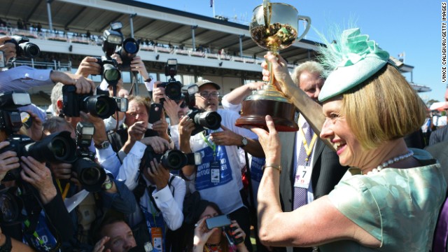 Gai Waterhouse celebrates her breakthrough victory in the Melbourne Cup at Flemington.
