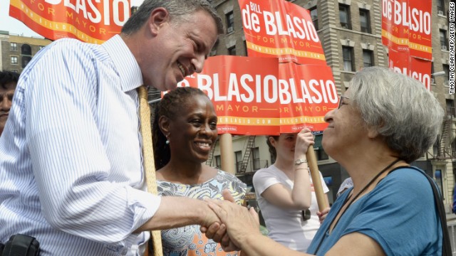 De Blasio and McCray greet voters on the Upper West Side on September 10 during the Democratic primary. De Blasio entered the primary with 10% support among voters.