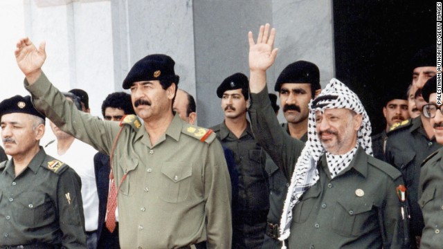 Arafat meets with Iraqi President Saddam Hussein in 1988. The Palestinian leader supported Hussein during the Gulf War.