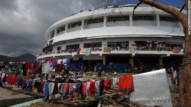 Clothes dry on a line November 10 outside a Tacloban stadium used as an evacuation center.