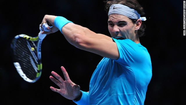 Rafael Nadal slams another forehand on his way to beating Roger Federer at the O2 Arena on Saturday. 