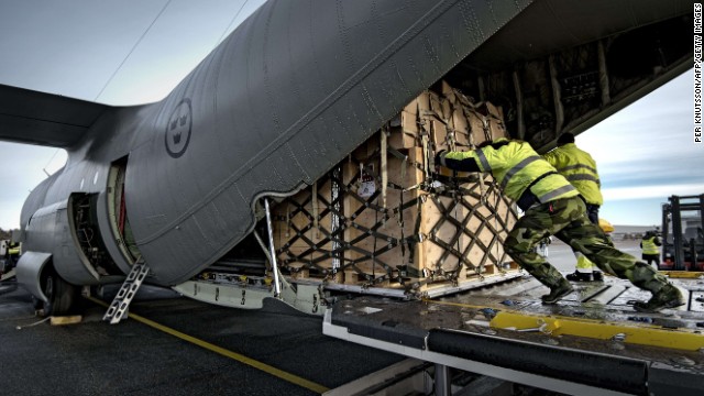 Staff load a Hercules airplane with equipment at the Orebro airport in central Sweden on November 11. The Swedish Civil Contingencies Agency, together with its humanitarian partners, sent equipment to support the United Nations' relief work in the Philippines.