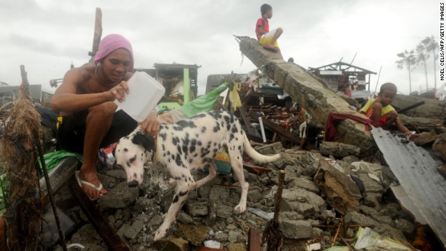 A young man washes his dog November 12 in Tacloban.