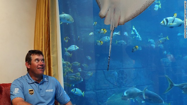 England's Lee Westwood won the contest, sending a seven iron four feet from the target 235 yards away. His prize was a five night stay at one of the hotel's underwater suites, complete with his own aquarium full of 65,000 fishy inhabitants.