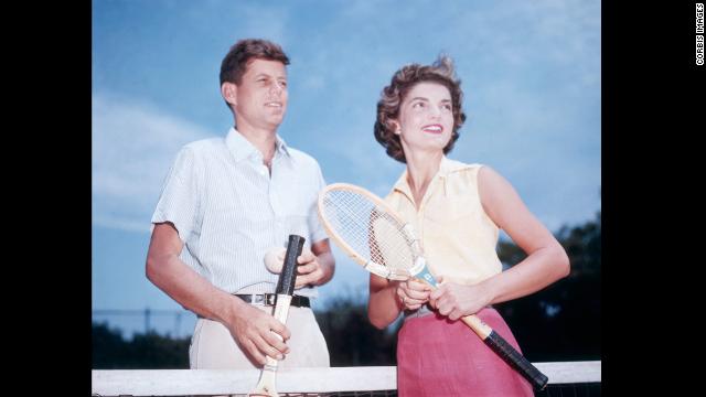 John Fitzgerald Kennedy and his fiancée, Jacqueline Lee Bouvier, playing tennis in 1953. They were history's power couple, a dashing Democrat and an elegant wife. They were both from influential families and became superstars before he entered the White House. Take a look back at the couple that embodied the image of a perfect family. 